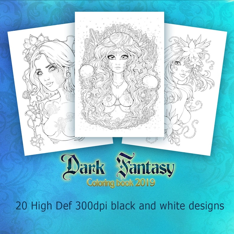 PDF DIGITAL COLORING book Dark Fantasy adult colouring 20 designs greyscale fairy magical witches gothic women coloring pages by sakuems 