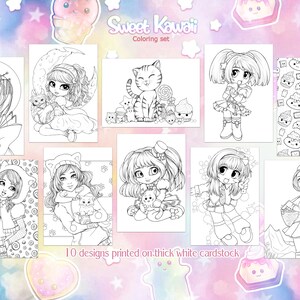 Peut inclure: Un ensemble de 10 pages &agrave; colorier imprimables mettant en sc&egrave;ne de jolis personnages et motifs kawaii. Les pages comprennent une fille avec un chat, une fille avec une lune, une fille avec un cupcake, une fille avec un chat, une fille avec un chat, une fille avec un cupcake, une fille avec un chat, une fille avec un chat, une fille avec un chat et une fille avec un chat. Les pages sont imprim&eacute;es sur du papier cartonn&eacute; blanc &eacute;pais. "Sweet Kawaii Coloring Set" est imprim&eacute; en haut de la page.