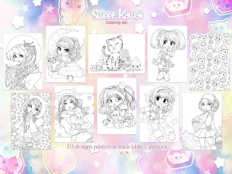 Peut inclure: Un ensemble de 10 pages &agrave; colorier imprimables mettant en sc&egrave;ne de jolis personnages et motifs kawaii. Les pages comprennent une fille avec un chat, une fille avec une lune, une fille avec un cupcake, une fille avec un chat, une fille avec un chat, une fille avec un cupcake, une fille avec un chat, une fille avec un chat, une fille avec un chat et une fille avec un chat. Les pages sont imprim&eacute;es sur du papier cartonn&eacute; blanc &eacute;pais. "Sweet Kawaii Coloring Set" est imprim&eacute; en haut de la page.