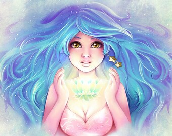 Fine Art photo PRINT Lotus flower pretty woman blue hair bright colors - digital painting - Fine Art Print by sakuems