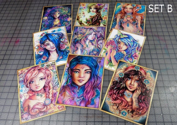 Art Nouveau Fantasy ACEO Card Set, Watercolor Mermaids & Angels