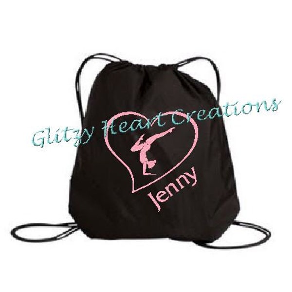 Personalized Girls Gymnast Bag, Gym Bag, Girls Bag, Gymnastics Bag, Kids Bag, Cinch Bag, Drawstring Bag, Glitter bag, Heart Gymnast balance