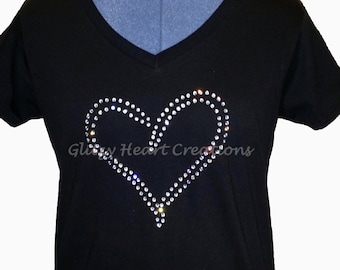 Rhinestone T-shirt - Doubleline Heart Design, Women's Tee -Crystal Decorated Shirt