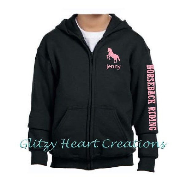 Personalized girls hoodie, horse design hoodie, full zip hoodie, hoseback riding, riding hoodie, kids clothing, western jacket, personalised