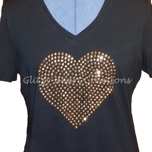 Large Heart Design Rhinestud Decorated T-Shirt, Women's Tee - Gold Heart Decorated T Shirt, Golden Heart Design