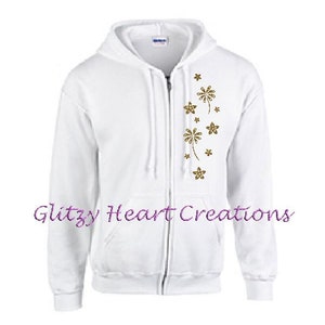 Daisy Design Hoodie, Rhinestone Full Zip, Womens Hoodie, Womens Crystal Full Zip, Bling sweatshirt, Flower and Daisy Design, Ladies Full Zip