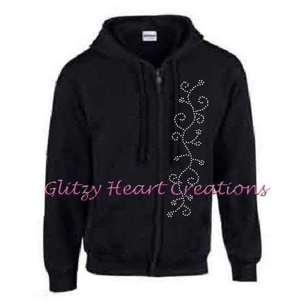 Rhinestone Hoodie, Ladies Hoodie, Rhinestone Zip Hoodie, Rhinestone Full Zip, Bling sweatshirt, Flower Vine Design Hoodie, crystal hoody,