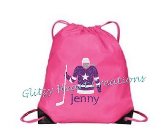 Personalized Girls Hockey Bag, Gym Bag, Girls Bag, Hockey Player, Drawstring Bag, Cinch Bag, Kids Bag, Hockey player with stick design,