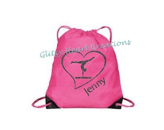 Personalized Girls Gymnast Bag, Gym Bag, Girls Bag, Gymnastics Bag, Kids Bag, Cinch Bag, Drawstring Bag, Glitter bag, Heart Gymnast on Beam,