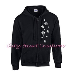 Daisy Design Hoodie, Rhinestone Full Zip, Womens Hoodie, Womens Crystal Full Zip, Rhinestone Decorated, Ladies Full Zip, Bling sweatshirt