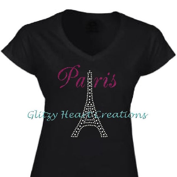 Paris Shirt, Rhinestone tshirt, Decorated Crystal Shirt, Womens Tee, Paris and Eiffel Tower Design, Heat tshirt, Crystal Tee Shirt, Paris,