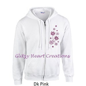 Rhinestone Full Zip Hoodie, Womens Hoodie Multi Flower design, Womens Crystal Full Zip, Bling sweatshirt, Glitter Ladies Full Zip,