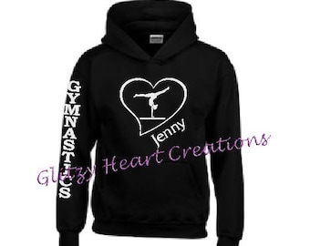 Personalized girls hoodie, Gymnastics hoodie, glitter pullover, gymnastics clothing, kids clothing, gymnast on beam in heart, personalised,