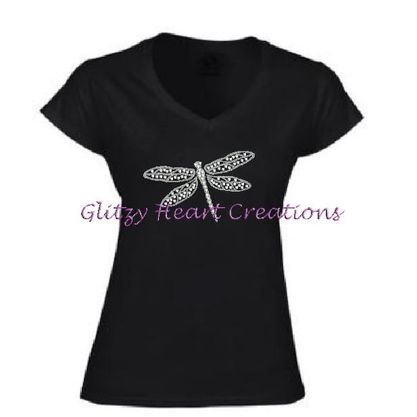 Rhinestone Dragonfly Shirt, Dragonfly TShirt,  Womens Rhinestone Shirt, Crystal Shirt, womens dragonfly shirt, ladies v neck shirt,