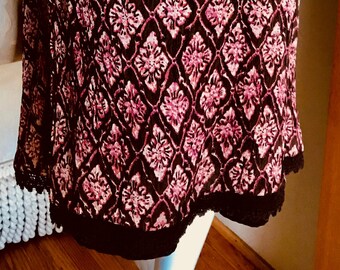 Vtg LIKE NEW Style&Co Ikat Print Midi Skirt Brown-Pink-Orange Multi, Sz 10 | Lined Semi-Sheer Crinkle Plisse Georgette SE Asian/Tribal Print