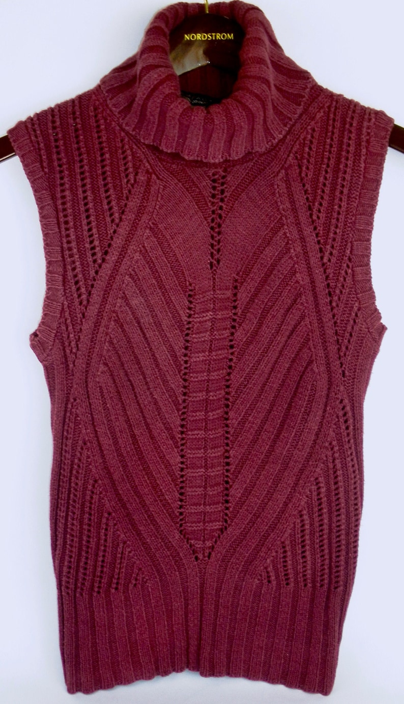 Vtg 90s Rampage Womens Sleeveless Turtleneck Sweater Plum Pullover Top Magenta Fits Sz Small Jr M Made in USA Beautiful Mixed Pattern Knit image 1