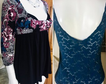 LOT of 2 Vtg Y2K Trend Peekaboo Stretch Pullover Tops Women Sz S | Blue Floral Raschel Knit Deep-V Tank & Multi-Paisley Deep Scoop Babydoll