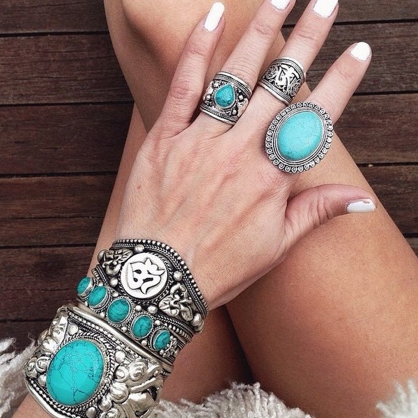 Boho Turquoise ring - Carved tibetan silver amulet ring with gemstone - Boho chic Ethnic jewelry - Tribal Statement Ring - Nepali Gypsy Ring