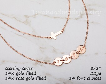 Double layer cross necklace,initial connector necklace,custom font,hand stamped,family monograms,faith jewelry,anniversary gift,custom note