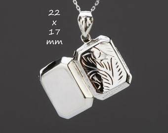 Sterling silver rectangle locket with photo,Antique Victorian etched box locket,etched palm pattern,memorial locket,mother gift,anniversary