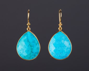 large teardrop turquoise earring, gold vermail bezel stone earring,long dangle drop earring,December birth earring,blue dress earring