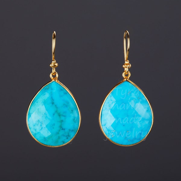 large teardrop turquoise earring, gold vermail bezel stone earring,long dangle drop earring,December birth earring,blue dress earring