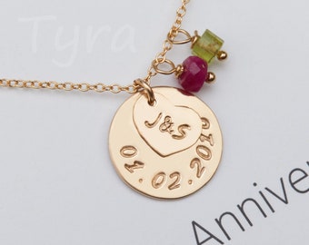 Collana data di nozze, collana di iniziali di coppia, amore collana di te per sempre, monogramma di cuore, birthstone personalizzato, mano timbrato, regalo di anniversario