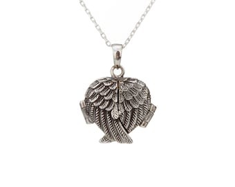 Sterling silver heart locket with two ply angel wing front,heart locket with photo,memorial remembrance locket gift,anniversary gift
