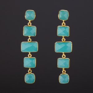 Five tier peru chalcedony earring,Long dangle swing aqua chalcedony earring,seafoam chalcedony chain,Birthday gift,mother gift,anniversary