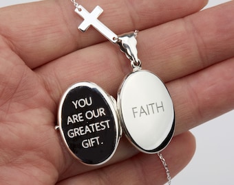 Engraved locket Necklace with photo,faith locket necklace,sideways cross,initial locket,bible verse jewelry,anniversary gift,customized note