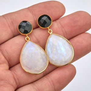 Two tier large pear moonstone earring with black onyx top post,large rainbow moonstone earring,June birthday earring,Mother&#39;s Day gift