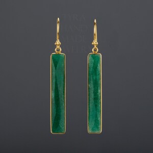 long bar emerald earring,rectangle emerald,long dangle drop earring,May birthday earring,deep green stone,mother gift,anniversary gift