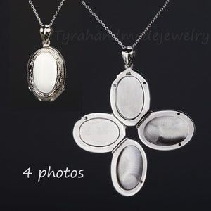 Four photos sterling silver locket,Custom engrave memorial oval locket,anniversary gift,remembrance photo locket,Valentine&#39;s day,mother gift