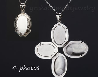 Four photos sterling silver locket,Custom engrave memorial oval locket,anniversary gift,remembrance photo locket,Valentine's day,mother gift