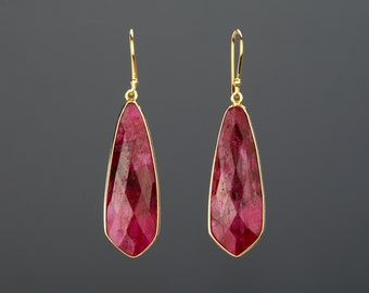 long tie shape ruby earring,faceted deep red ruby earring,long drop dangle earring,July birthday earring,birthday gift,red dress earrings