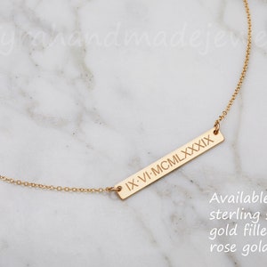 Roman Numeral engraved gold filled bar necklace,sterling silver,Wedding date bar necklace,custom jewelry note,anniversary gift