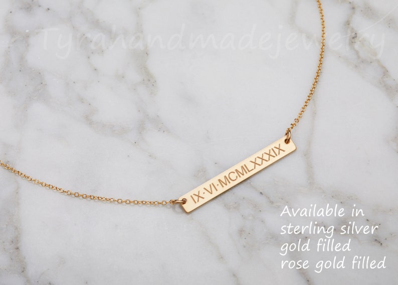 Roman Numeral necklace,Wedding date bar necklace,Full name bar necklace,initial necklace,hand stamped bar necklace,note card,anniversary