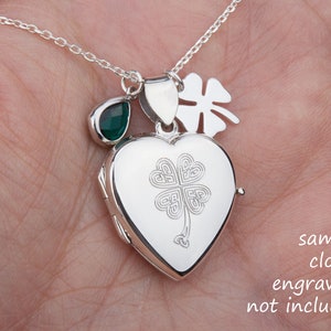 Engraved heart locket with photo,sterling silver locket necklace,Celtic Knot clover,memorial locket,St Patrick&#39;s Day gift,mothers day gift