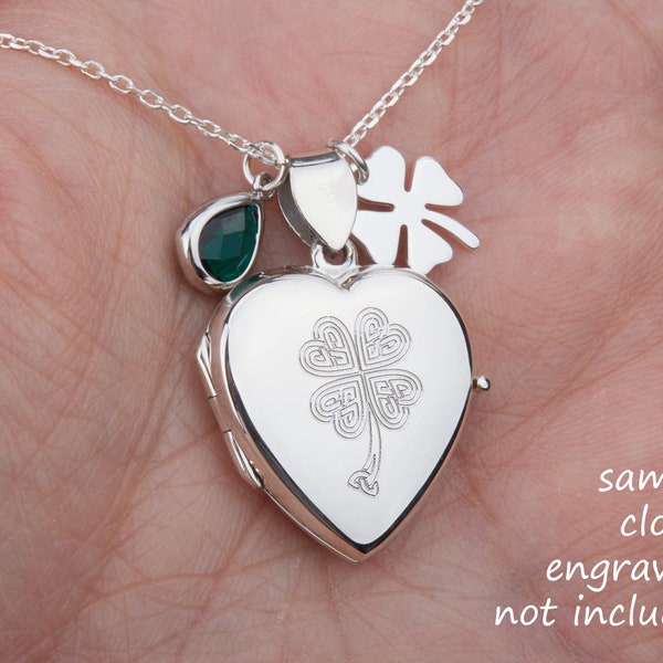 Engraved heart locket with photo,sterling silver locket necklace,Celtic Knot clover,memorial locket,St Patrick's Day gift,mothers day gift