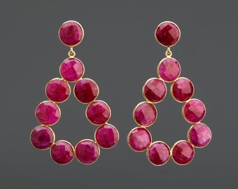 Two tier large ruby teardrop hoop earring,ruby post earrings,long dangle drop ruby button hoop,July birthday gift,red dress earring