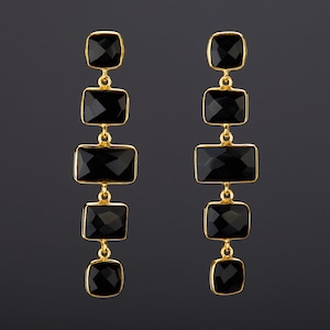Five tier black onyx earring,Long dangle swing black onyx earring,square black onyx chain,birthday gift,mother gift,anniversary gift