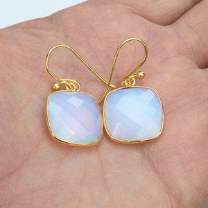 Large square opalite earring,October birthstone earring,bezel set earring,dangle stone earrings,anniversary gift