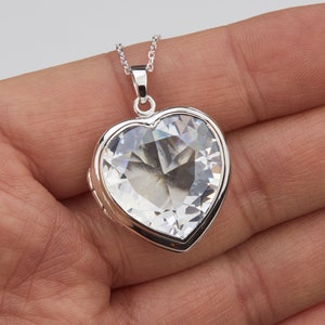 Large Clear CZ crystal cover sterling silver heart locket with photo,Rhodium plated heart locket,custom engrave photo locket,memorial locket