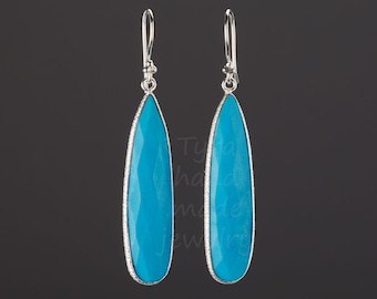 Long teardrop turquoise earring,long dangle drop turquoise earring,bezel set earring,December birth earring,mother gift,blue dress earring