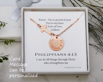 Rose Gold bible verse Necklace,Hand stamped jewelry,sideway cross necklace,Name Necklace,bible verse jewelry,baptism gift,graduation gift