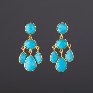 Brinco de turquesa de três camadas, brinco de lustre de turquesa, turquesa emoldurada, brinco de balanço pendente, presente de aniversário de dezembro, presente de mãe, presente de aniversário