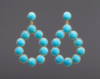 Two tier large turquoise teardrop hoop earring,turquoise post earrings,long dangle drop,faceted turquoise,December birthday gift,mother gift