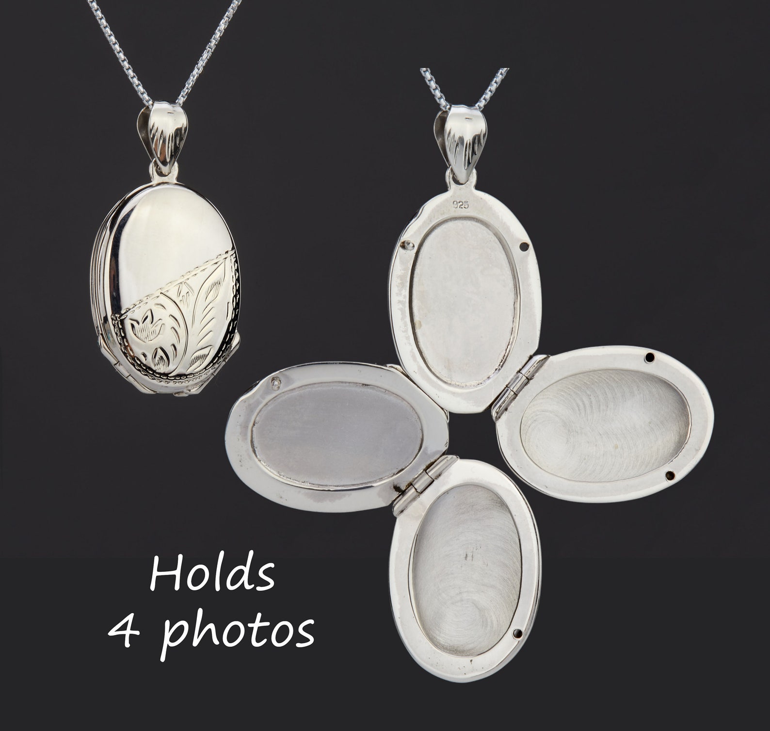 Remembrance Locket Four Photos Sterling Silver Locket,custom Engrave Memorial Oval Locket ...