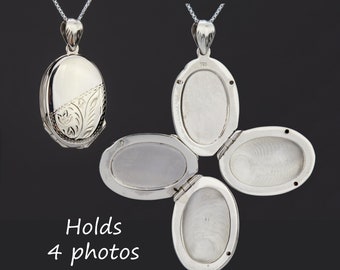 Four photos sterling silver locket,Custom engrave memorial oval locket,anniversary gift,remembrance photo locket,Valentine's day,mother gift