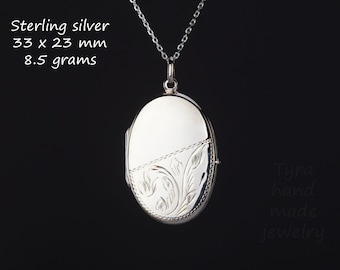 Large sterling silver oval locket with photo,Custom engraved locket,floral etched locket,memorial locket,family loss locket,Mother gift,